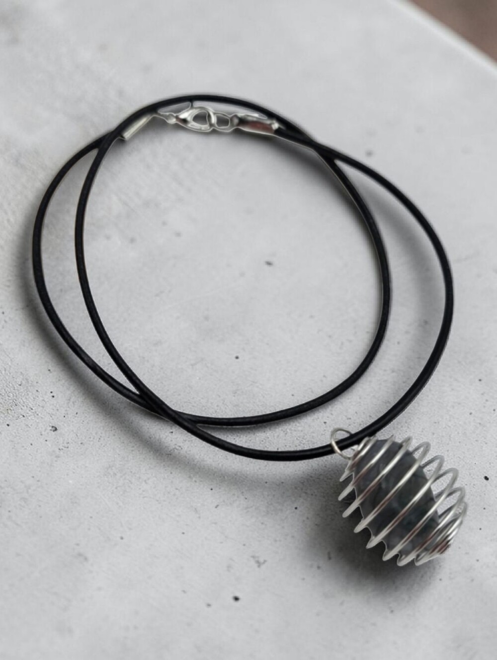 Handmade Moss Agate Stone Pendant in Silver Spiral Cage Necklace